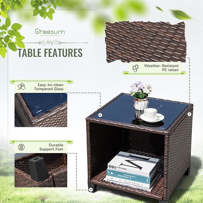 Greesum 3 Pieces Patio Furniture Sets Outdoor PE Rattan Wicker Chairs with Soft Cushion and Glass Coffee Table for Garden Backyard Porch Poolside, Beige