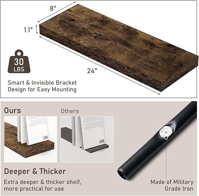 Floating Shelves for Wall, 24 Inch Floating Shelves Set of 2, Wall Mounted Rustic Wood Shelf for Bathroom, Living Room, Bedroom and Kitchen, Hanging Shelf for Storage, Books, Home Decor, Rustic Brown