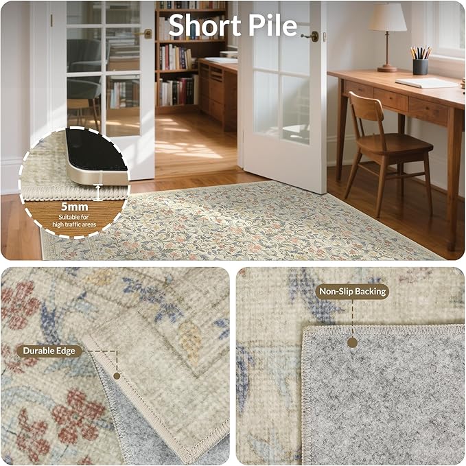 GENIMO 5x7 Washable Area Rug, Non-Slip Vintage Boho Floral Carpet, Soft Low-Pile Thin Bedroom Rug for Living Room, Dining Room, Nursery, Beige Blue