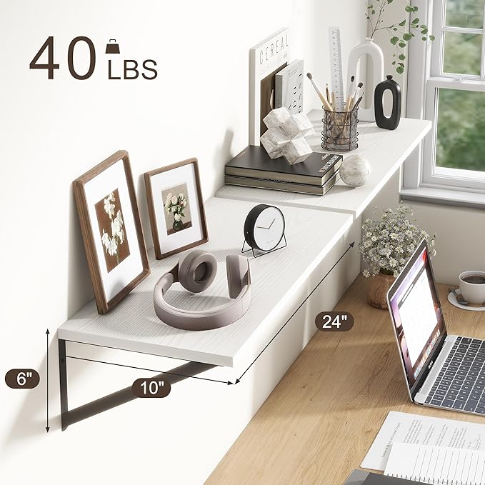 Deep White Floating Shelves for Wall, 24"W x 10"D Wall Shelves Set of 2, 10 Inch Deep Floating Shelf with Brackets, Wide Display & Storage Shelves for Books, Living Room, Kitchen, Bathroom
