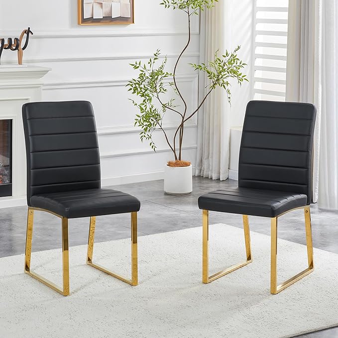 Modern Dining Chairs Set of 2, White Faux Leather Kitchen Chairs, Upholstered Armless Dining Room Chair with Gold Mental Legs Heavy Duty, Comfortable (Black and Gold, Set of 2)