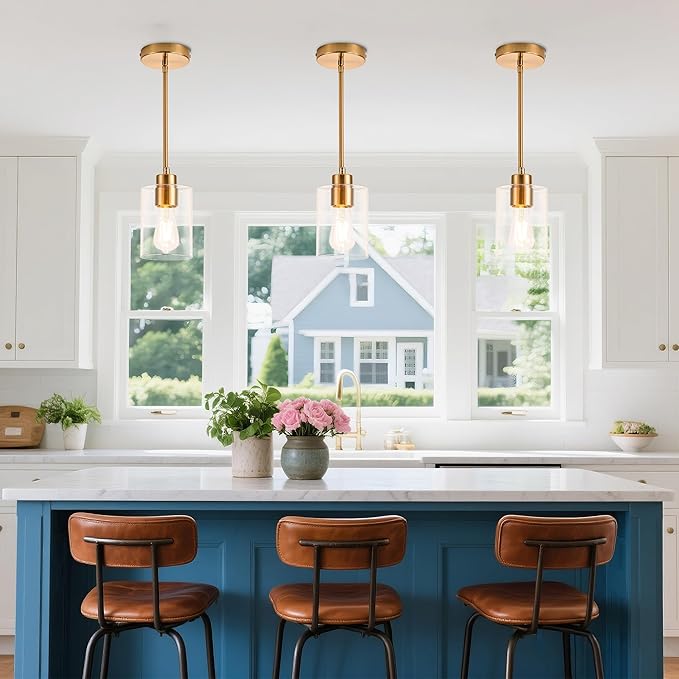 MAYNA 3-Pack Brushed Brass Dining Room Light Fixtures, Modern Gold Pendant Lighting Over Island, Adjustable Rods Glass Chandelier for Kitchen Table (Bulbs Included)