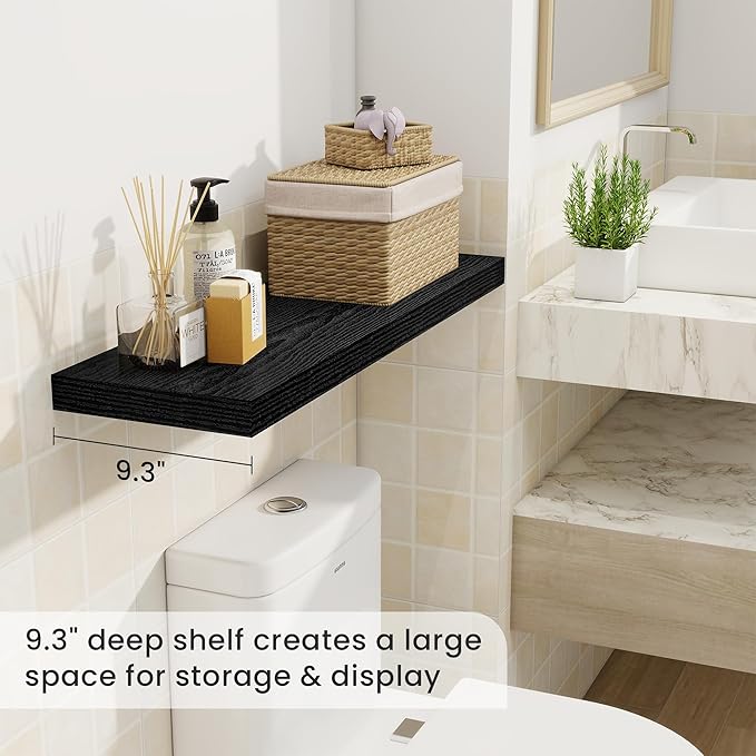 Fun Memories Floating Shelves for Wall, 32 Inch Rustic Wood Wall Mounted Shelves for Bathroom, Bedroom, Kitchen, Living Room, Deep Floating Shelves for Storage & Home Decor (Black, Set of 2)