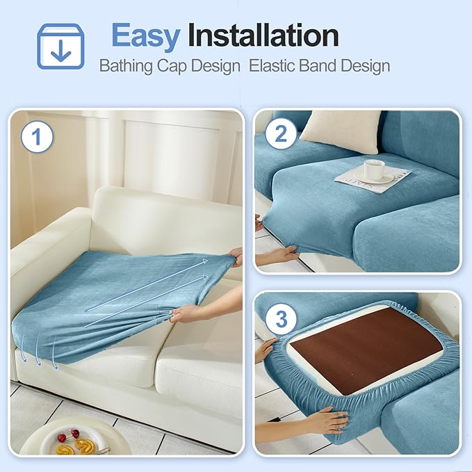 Couch Cushion Covers Individual Large Super Stretch Chenille (Softer Version) Sofa Cushion Covers, Couch Seat Covers Couch Slipcovers Furniture Protector (3PC, Blue)