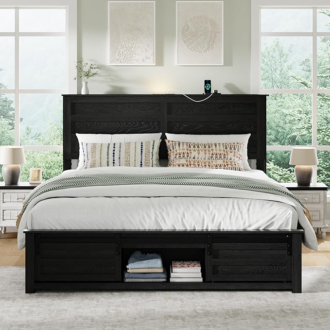 Queen Size Bed Frame with Wood Headboard, Wooden Platform Bedframe with Sliding Barn Door Footboard and Charging Station Easy Assembly, No Box Spring Needed (Black, Queen)