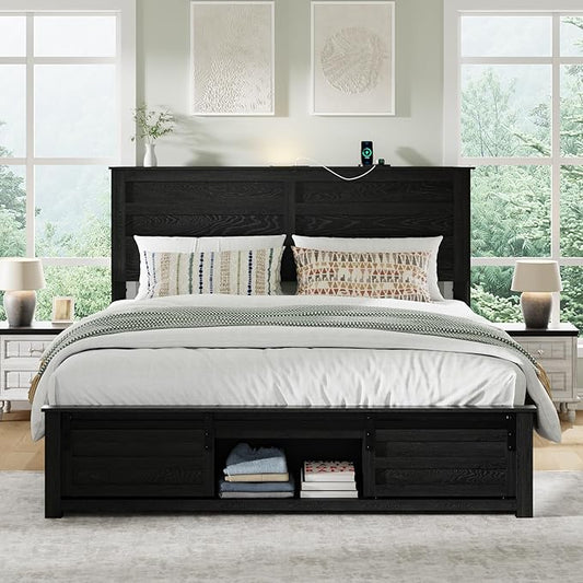 Queen Size Bed Frame with Wood Headboard, Wooden Platform Bedframe with Sliding Barn Door Footboard and Charging Station Easy Assembly, No Box Spring Needed (Black, Queen)