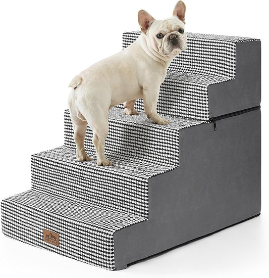 Dog Stairs for Small Dogs, 5 Tier Removable Wider Pet Stairs for Couch and Bed, 23.6" H Non-Slip Dog Steps for Puppies and Old Cats with Support Board, 29.5x19.7x23.6 inch, White Black