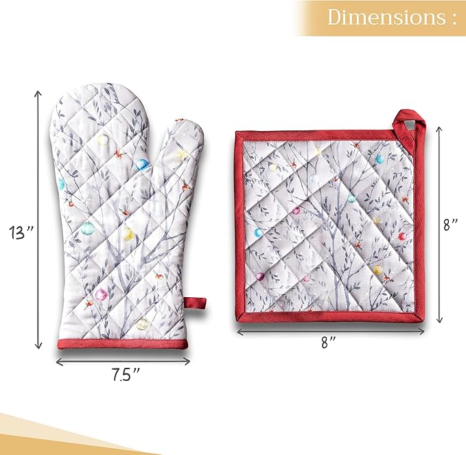 Maison d' Hermine 100% Cotton Oven Mitt & Pot Holder Set (7.5"x13" & 8"x8") Heat Resistant BBQ Cooking Gloves with Loop for Thanksgiving Christmas Decorations Handling Hot Pans (Fairy Christmas)