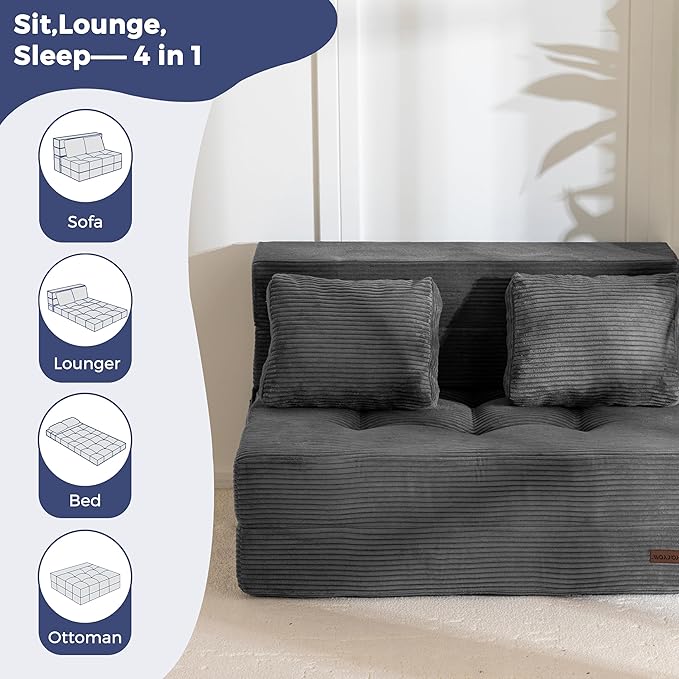 MAXYOYO Convertible Sofa Bed, Fold Out Sleeper Sofa with Pillow, 4 in 1 Tufted Folding Couch Bed Foam Floor Couch, Lazy Chair for Living Room Bedroom Guest Room, Dark Grey