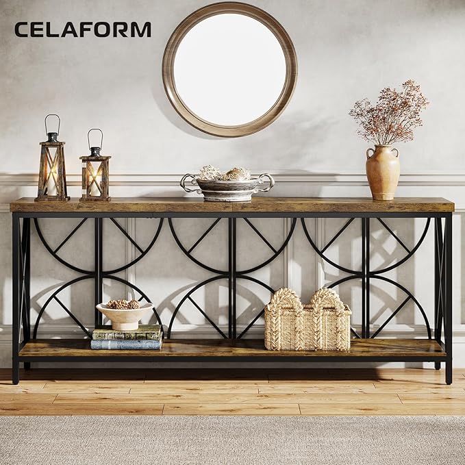 70.9-Inch Extra Long Sofa Table, Narrow Console Table Behind Couch with Storage for Entryway, Living Room, Entrance, Hallway, Foyer, Unique Geometric (Rustic Brown)