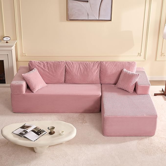 107" Boneless Couch with Deep Seat, Modular Sectional Sofa, Cloud Sectional Couch for Living Room, No Assembly Required, Corduroy, L-Shape Right Pink