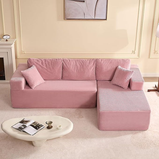 107" Boneless Couch with Deep Seat, Modular Sectional Sofa, Cloud Sectional Couch for Living Room, No Assembly Required, Corduroy, L-Shape Right Pink