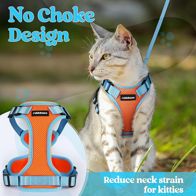 rabbitgoo Cat Harness and Leash Set, Escape Proof Soft Adjustable Vest Harnesses for Outdoor Walking, Easy Control Breathable Kitten Jacket with Reflective Strips, Orange & Light Blue, XS