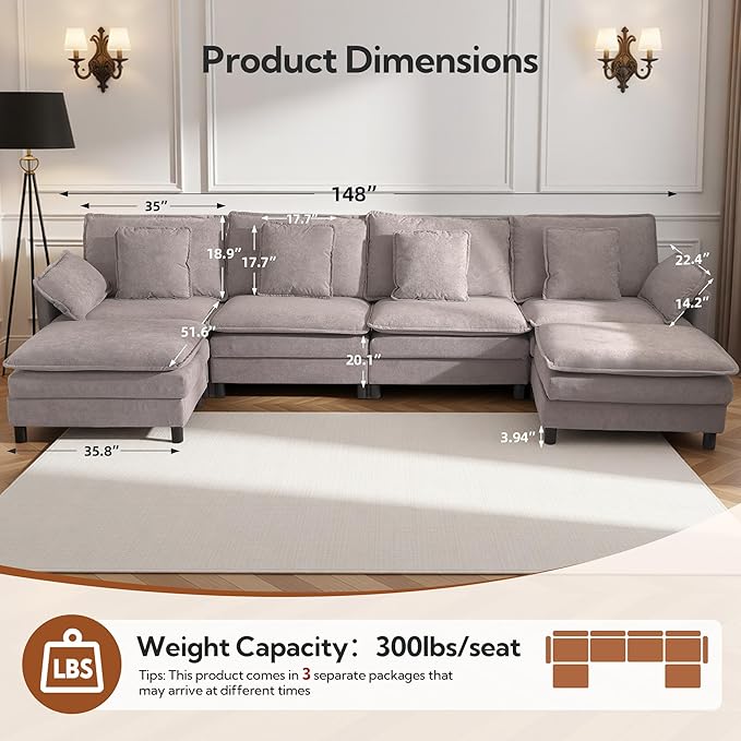 Claiks 148" Modular Sectional Sofa, Cloud Couch with Ottoman, U-Shaped 6-Seater Sofa in Chenille Fabric, Deep Seat Comfy Couch with Pillows for Living Room & Offices, Light Gray