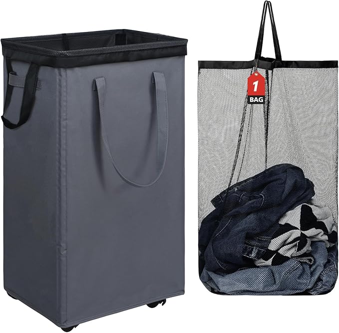 DOKEHOM 90L X-Large Laundry Basket with Removable Wash Bag on Wheels, Collapsible Rolling Laundry Hamper, Foldable Clothes Organizer, Folding Washing Bin (Grey)