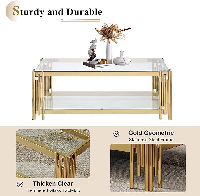 Glass Gold Coffee Table Set of 2,Modern Rectangle Coffee Table and Console Table w/Storage,Glass Coffee Table Set with Steel Frame,2 Pieces Living Room Table Set for Apartment Home Office