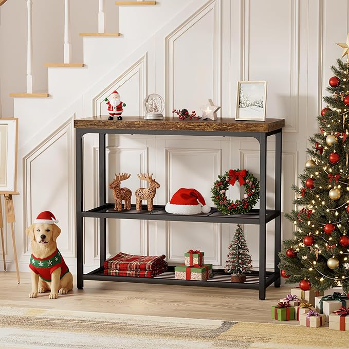 32" Small Console Table with Storage, Narrow Entryway Table, Sofa Table for Living Room, Sturdy 3-Tier Console Tables for Living Room, Hallway, Foyer & Bedroom, Rustic Brown