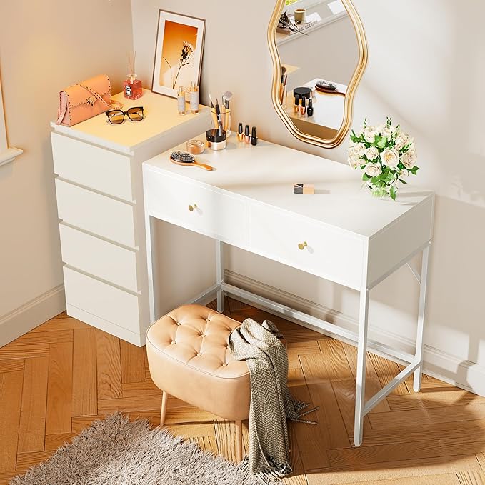 SUPERJARE 39.4" White Desk with 2 Drawers, Modern Makeup Vanity Desk, Small Computer Desk Home Office Desk for Writing Study Bedroom