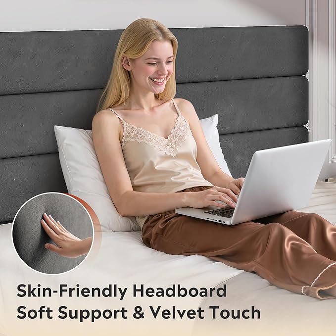 WLIVE Full Size Upholstered Bed Frame, Velvet Square Tufted Headboard,Sturdy Metal & Wooden Slats Support, No Box Spring Needed, Light Grey