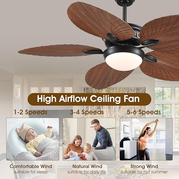 Ceiling Fans with Lights and Remote/APP Control, 52 Inch Tropical Palm Leaf Ceiling Fan with LED Lights, Outdoor Ceiling Fans for Patios Porch, Reversible Quiet Motor, Dimmable, Brown