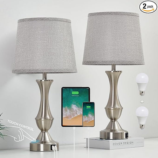 Touch Table Lamps Set of 2, 22" Tall Bedside Lamps, Nightstand Lamps with USB C+A Charging Ports, Dimmable Lamp for Bedrooms, Living Room, Office, Silver Lamp with Grey Lampshade, Bulbs Included