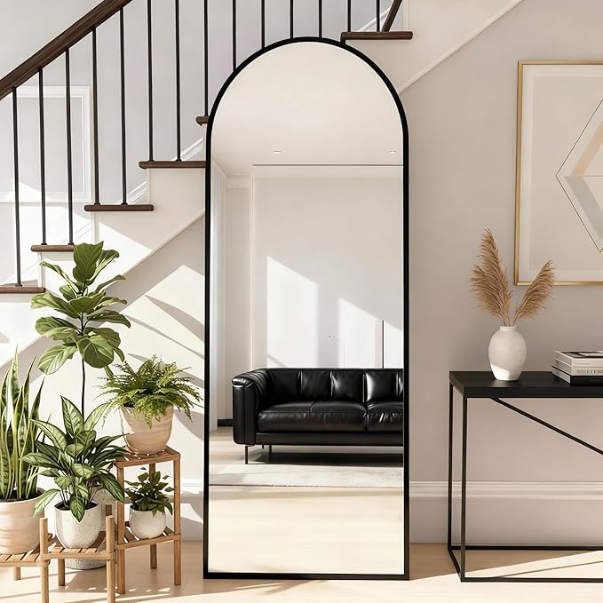 Arched Full Length Mirror,56" L x 15" W Floor Mirror, Aluminum Alloy Frame, Shatterproof Glass - Free Standing, Leaning or Wall Mounted for Bedroom, Living Room, Entryway, Modern Home (Black)