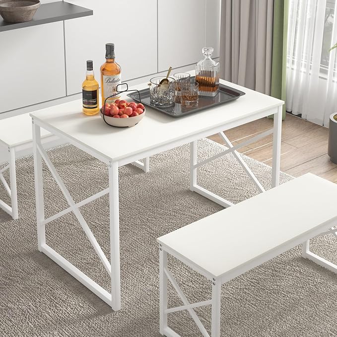 VECELO Kitchen Dining Table Benches Set for 4, 43.3" Wooden Dinette with 2 Benches, Heavy-Duty Dining Room Table for Small Space, Breakfast Nook, White