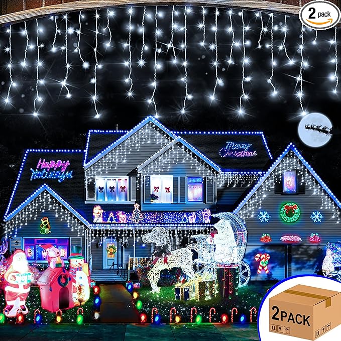 Hezbjiti 2Pack Total 800LED Ice Lights 33FT Christmas Lights String Lights Outdoor Decoration 8 Modes 150 Drops Fairy Lights for Eaves Party Yard Garden Xmas Decor（Cold White）
