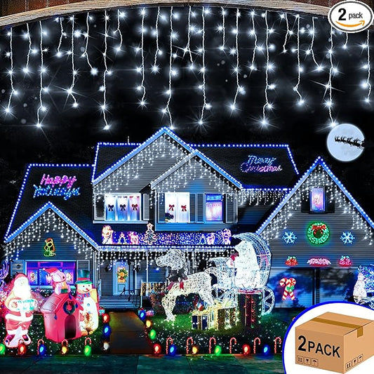 Hezbjiti 2Pack Total 800LED Ice Lights 33FT Christmas Lights String Lights Outdoor Decoration 8 Modes 150 Drops Fairy Lights for Eaves Party Yard Garden Xmas Decor（Cold White）