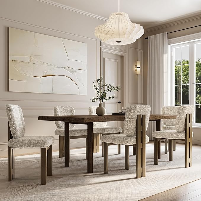 Modern Boucle Dining Chairs Set of 6, Farmhouse Sherpa Upholstered Wooden Kitchen Chairs with Back, Side Armless Dining Room Chairs with Walnut Wood Legs for Kitchen Restaurant, Beige