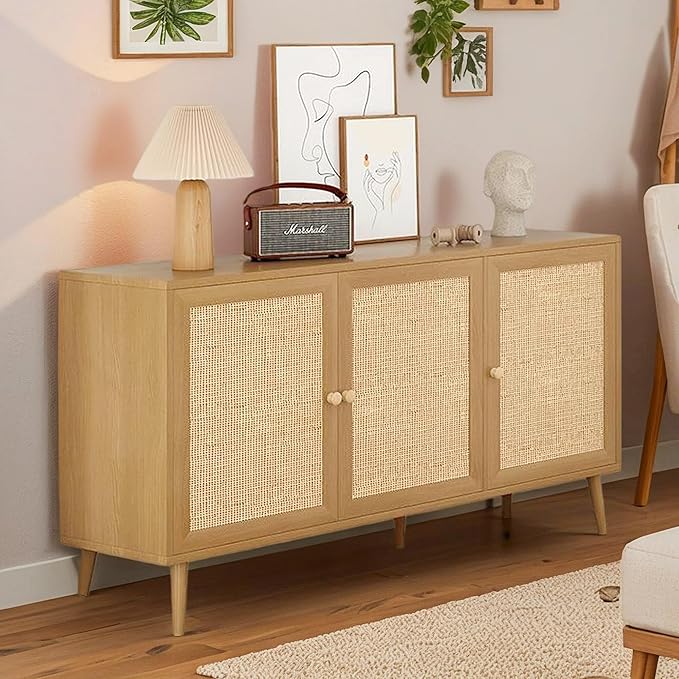 59" Rattan-Door Sideboard Cabinet with Shelf, 3-Door TV Stand Credenza Buffet with Generous Storage, Modern Accent Cabinet for Living Room & Kitchen, Natural Oak