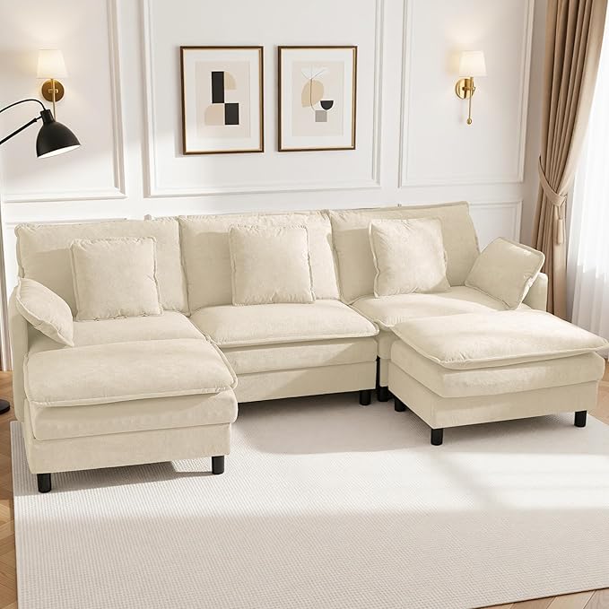 Claiks 110" Modular Sectional Sofa, Cloud Couch with Ottoman, U-Shaped 5-Seater Sofa in Chenille Fabric, Deep Seat Comfy Couch with Pillows for Living Room & Offices, Beige
