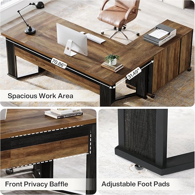 Tribesigns 70.86" Executive Desk with Mobile File Cabinet, Large L Shaped Computer Office Desk with 2 Drawers and Storage Shelves, Business Furniture Desk Workstation for Home Office (Rustic Brown)