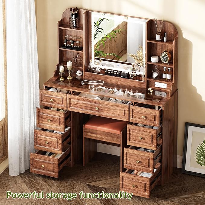 43" Makeup Vanity Desk with Mirror and Lights, & Power Outl, Glass Top Big Vanity Table with 9 Drawers& 8 Storage Shelves, Dressing Table Set with Chair for Bedroom, Brown