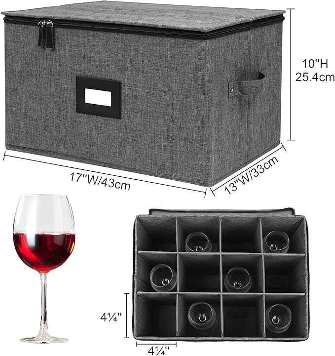 Mayniu Stemware Storage Containers, Wine Glass Storage Box with Dividers for Glasses, Glassware, Crystal, Wine Glass Packing Boxes for Moving, Hard Shell Top Sides Bottom and Stackable (Black)