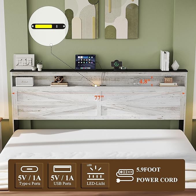 Farmhouse King Size Bed Frame with Headboard Storage Shelf, Wood Platform Bed Frame with LED Lights & Charging Station, Rustic White Metal Bed, No Box Spring Needed, Noise-Free Sturdy Structure