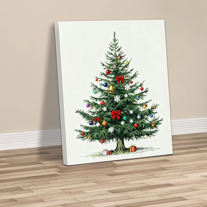 Framed Christmas Pictures Wall Decor,Vintage Pine Tree Prints,Winter Christmas Canvas Wall Art Decoration for Bedroom Bathroom Living Room Rustic Xmas Holiday Gifts (Christmas Tree 8, 16'' X 20'')