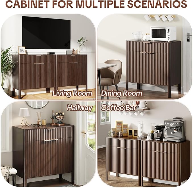 Sideboard Buffet Cabinet with Storage - Modern Fluted Credenza with Doors & Drawer, Accent Cabinet Coffee Table Bar Counter Bookcase for Living Room Kitchen Dining Room Entryway 31" H Walnut