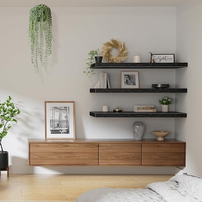 QEEIG 12" Deep Floating Shelves for Wall - 12 x 36 inch Book Shelf Bathroom Bedroom Kitchen Living Room Hanging Bookshelf Farmhouse Set of 3, Black (026-90B3)