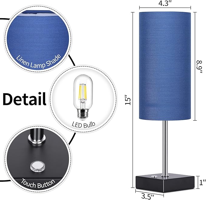 AVV Cordless Table Lamp with Dimmable, Rechargeable 3 Modes Battery Powered Bedside Lamp, Battery Operated Lamps for Night Stand, Touch Lamp for Bedroom, Living Room, Reading Room, 15 Inch Blue