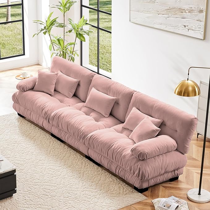 133.8" Oversized Couch, 3 Seater Modular Sectional Sofa, Pink Large Fluffy Chenille Cloud Couch with 5 Pillows, Deep Seat Sofas for Living Room
