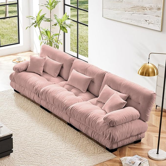 133.8" Oversized Couch, 3 Seater Modular Sectional Sofa, Pink Large Fluffy Chenille Cloud Couch with 5 Pillows, Deep Seat Sofas for Living Room