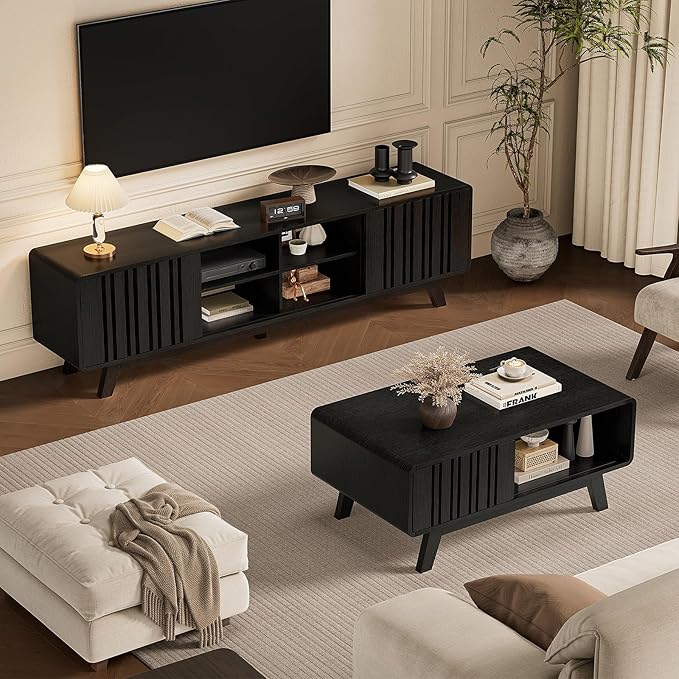 ONBRILL Coffee Table, Mid Century Modern Table with Storage Compartment, Fluted Table with Sliding Cabinet Door, Farmhouse Wood Coffee Table for Living Room (Black)