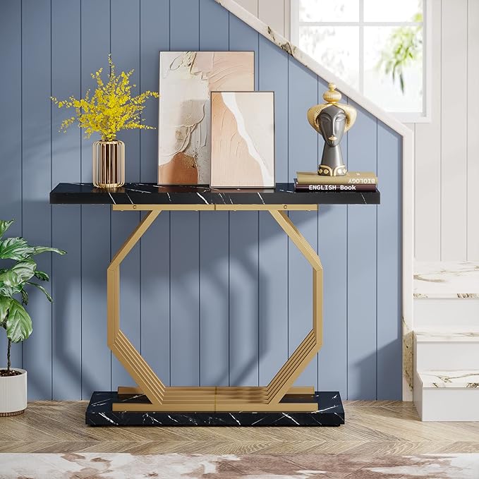 Tribesigns Gold Console Table, Faux Marble Entryway Table Narrow Sofa Table with Geometric Metal Base, 40 Inch Modern Accent Table Entrance Table for Living Room, Hallway, Foyer, Black