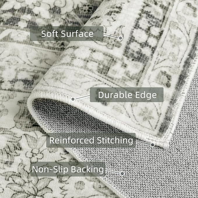 Deerly Washable Rug 5x7 Area Rugs for Living Room, Non Slip Large Rug for Bedroom Dining Room, Low-Pile Kid & Pet Friendly Distressed Carpet Print Floor(Cream)