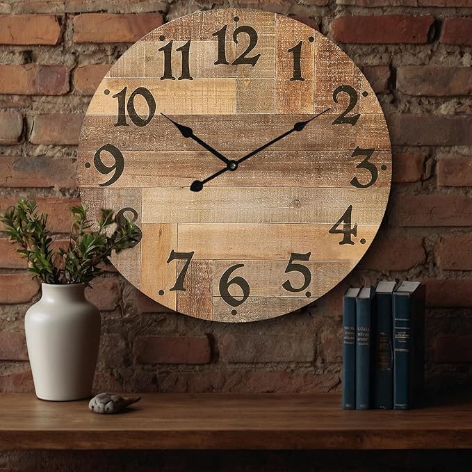 24 Inch Silent Large Wall Clock Battery Operated for Farmhouse Kitchen,Non-Ticking Retro Wall Clock with Big Numbers for Living Room,Vintage Wood Clock for Bedroom Home Country Office School