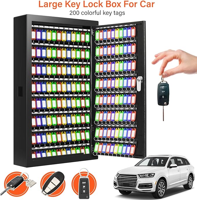 200 Keys Key Cabinet, Anti-Theft Key Lock Box with Key Tags, Adjustable Key Organizer Wall Safe for Car Office House Garage Rental Business