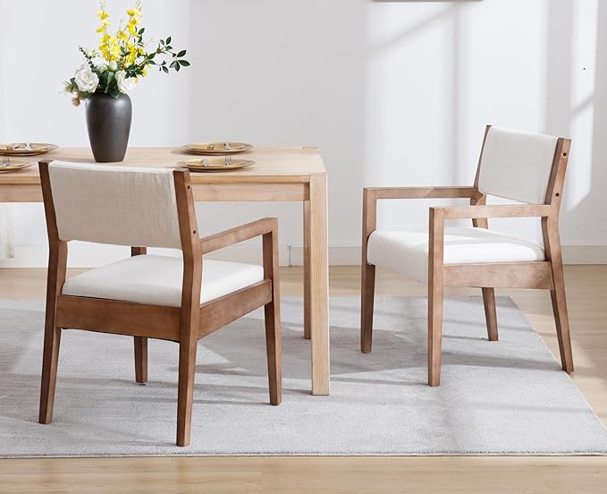 EALSON Upholstered Dining Chairs Set of 2 Mid Century Dining Room Arm Chairs with Hardwood Frame Modern Farmhouse Kitchen Side Chairs for Living Room, Beige Linen