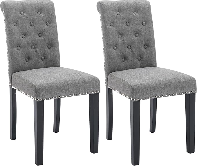 Westice Dining Room Chairs Set of 2 Upholstered Fabric Kitchen Chairs Dining Room Side Chair with Nailhead Trim and Rubber Wood Legs for Small Space Apartment, Gray