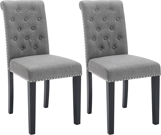 Westice Dining Room Chairs Set of 2 Upholstered Fabric Kitchen Chairs Dining Room Side Chair with Nailhead Trim and Rubber Wood Legs for Small Space Apartment, Gray